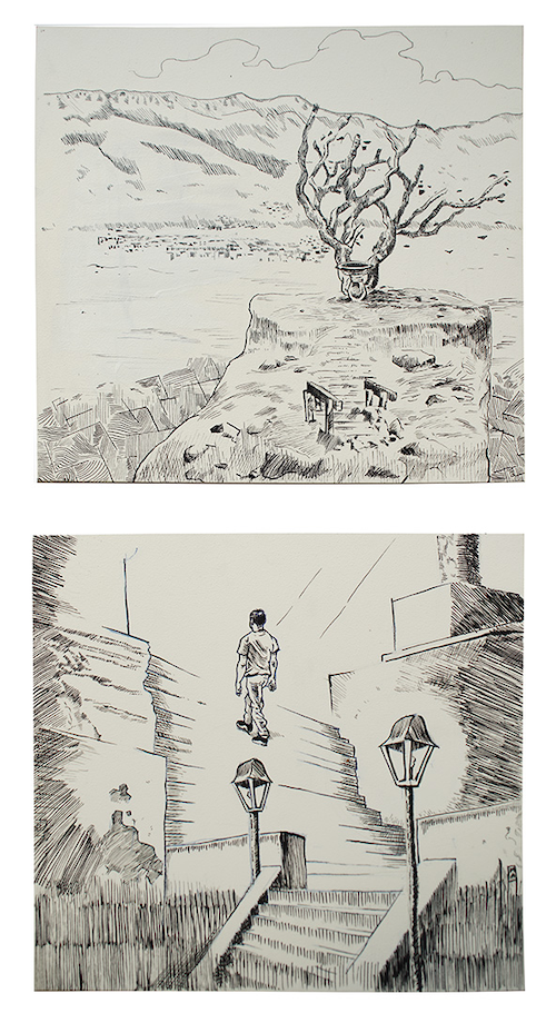 Pen and ink drawing of a man ascending a surreal stairwell into a desert landscape