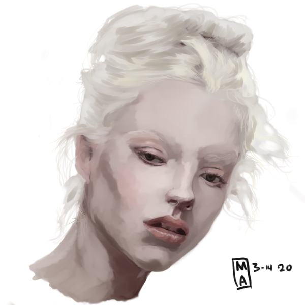 digital portrait of a pale woman with white hair