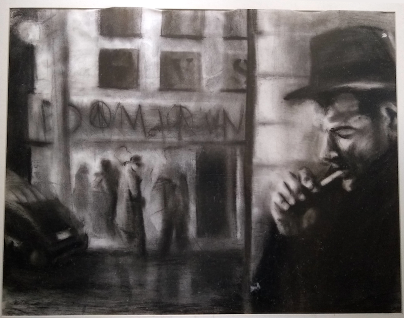 A charcoal drawing of a street scene in film noir style