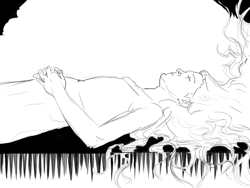 black and white ink drawing of a woman lying on a flat surface