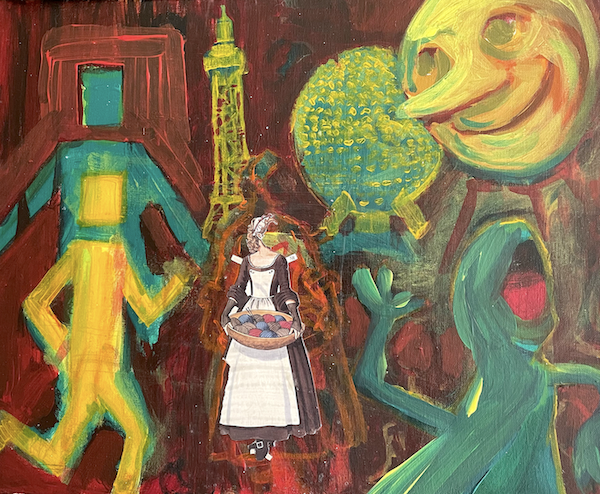 surreal acrylic painting of figures in an amusement park landscape